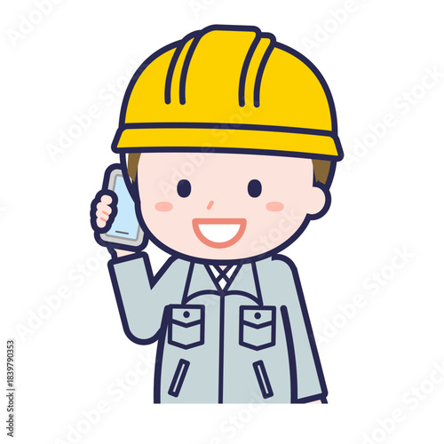 スマートフォンを使う「工事作業員」の男性