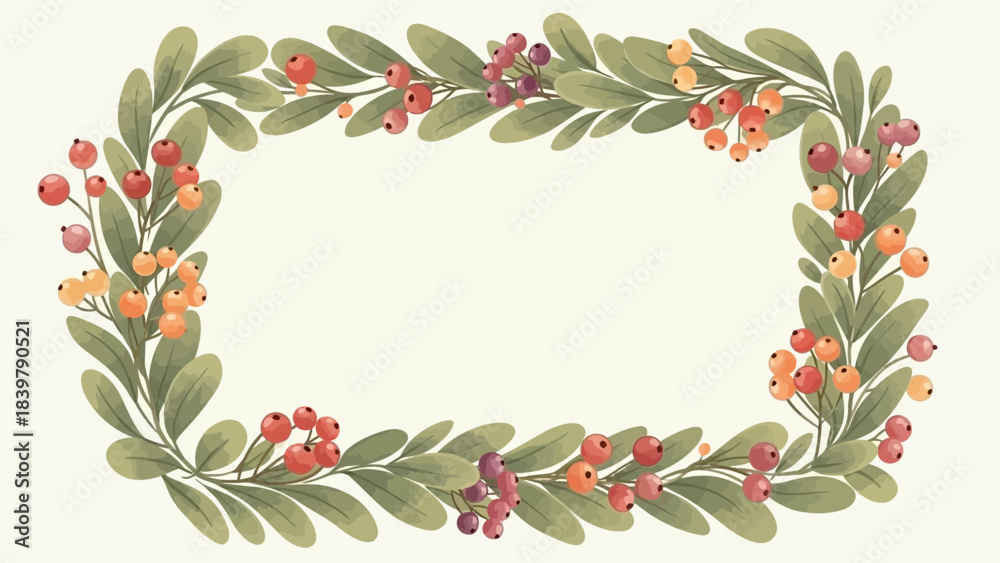 Fototapeta premium Elegant Floral Frame: A beautifully crafted floral frame, teeming with vibrant green leaves and an array of colorful berries, evokes a sense of natural beauty and delicate charm. 