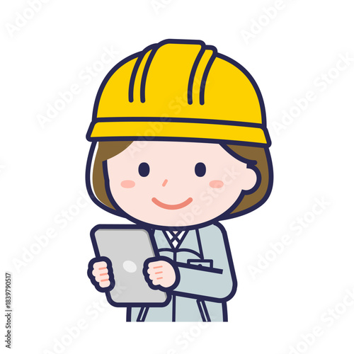 タブレットを使う「工事作業員」の女性