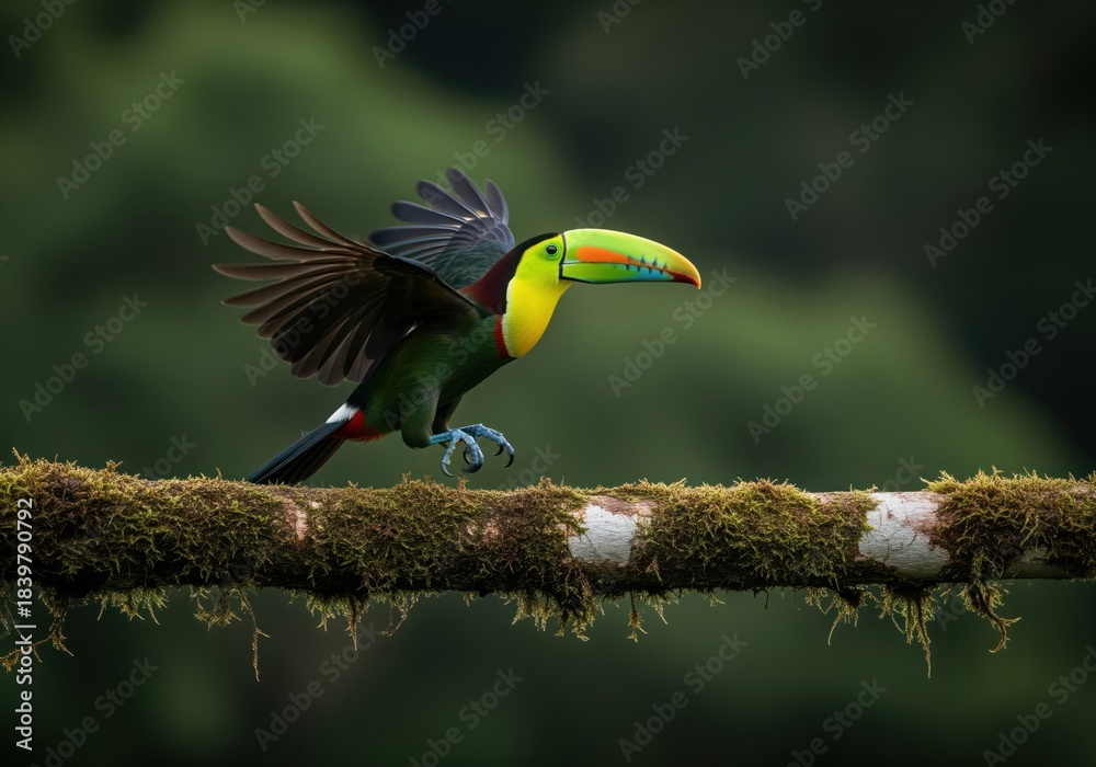 Fototapeta premium Vibrant tropical toucan with multicolored beak taking flight from a moss covered jungle branch