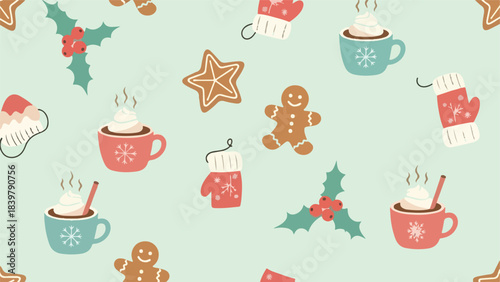 Delightful Seamless Winter Holiday Pattern Featuring Cozy Hot Chocolate Mugs, Gingerbread Cookies, and Festive Holly Berry Elements for Seasonal Decor and Textile Design