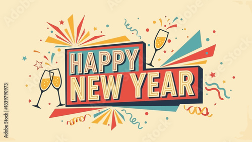 Festive New Year Greeting: A vibrant greeting card with Happy New Year text, bubbly champagne, and dazzling fireworks, perfect for spreading joy and celebrating fresh starts.