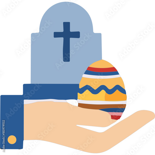 Hand Holding A Decorated Easter Egg In Front Of A Grave Marker With A Cross During Daytime With Blue Sky And Sunlight