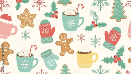 Cozy Winter Holiday Christmas Pattern featuring Festive Treats and Warm Drinks with Gingerbread Figures, Mittens, and Snowflakes, perfect for seasonal designs