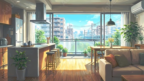 ゲーム背景　電車線路のわきにあるアパートのモダンキッチンアイランドのあるリビング