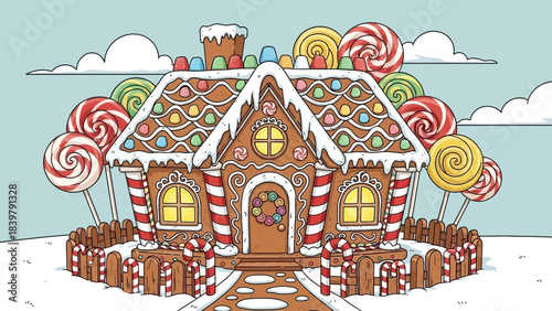 Gingerbread House: A whimsical and inviting gingerbread house stands with candy details. Its roof is adorned with colorful candies. A sweet and inviting wonderland of delicious treats