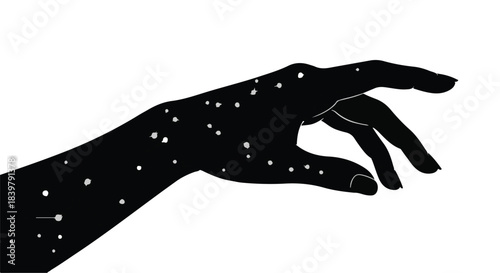 A dark silhouette of a hand speckled with stars, reaching out against a stark white background, evoking wonder and the cosmos.