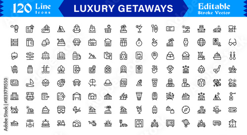 Luxury Travel and Holiday Essentials – Professional Line Icon Collection Featuring Modern, Minimal, and Editable Vector Symbols for Premium Getaway Themes