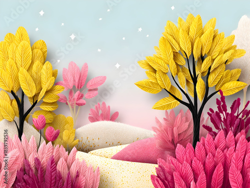 Landscape with colorful fantasy plantstrees mountains thrive under a mesmerizing sky painted in shades of purple pink, luminescent sparkle flickering softly across surreal fluorescent background