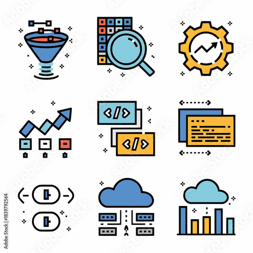 Set of icons representing data analysis, programming, cloud computing, and software development concepts