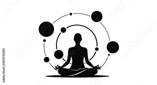 Silhouette of person meditating in a peaceful state surrounded by abstract cosmic elements