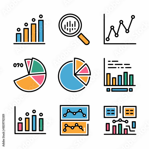 Set of colorful icons representing various types of data analysis and business intelligence including charts, graphs, and analytics tools