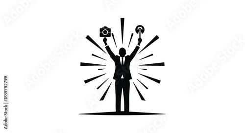 Triumphant businessman celebrates success with photographic and artistic tools