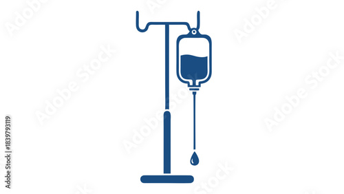 Medical Infusion Stand with Bag and Drip in Blue Outline on Black Background Represents Healthcare Treatment and Fluid Administration