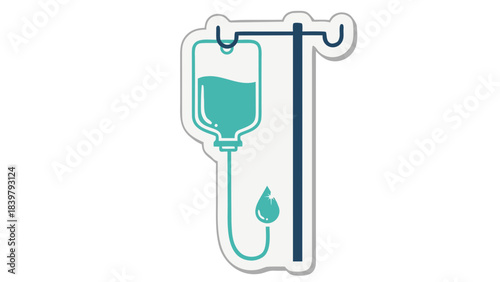 Medical IV Drip Bag and Stand with Turquoise Fluid and Droplet Isolated on White Background Flat Illustration Style Minimalist Clean Design Healthcare Concept