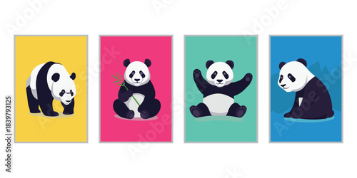 Collection of cute cartoon pandas in various poses on colorful backgrounds