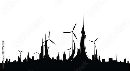 Futuristic cityscape with wind turbines on a white background, representing sustainable energy and modern architecture.