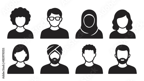 Diverse group of multicultural people silhouettes featuring inclusive hairstyles, headwear, and profiles in a clean black icon style.
