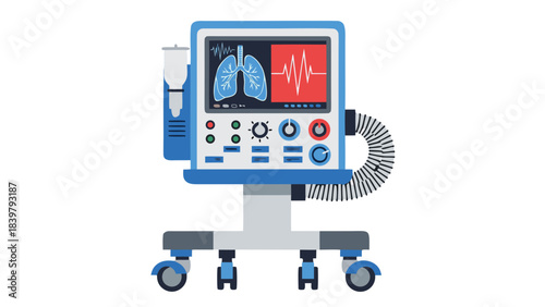 Medical Ventilator Machine Displaying Lungs And Heart Rate With Blue And Gray Plastic Casing On Black Background With Wheels And Tubes