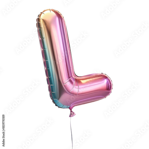 Joyful letter L balloon with colorful gradient foil finish for festive party celebration. Shiny iridescent symbol for happy event alphabet