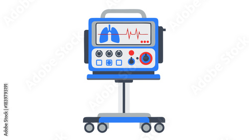 Medical Ventilator Machine with Lung Diagram and Heartbeat Monitor Display on a Stand with Wheels in Blue and White Colors on a Black Background Detailed Medical Equipment