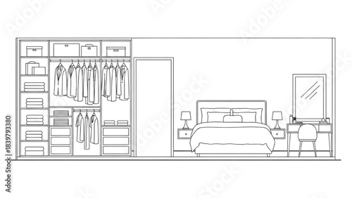 High-quality black line art of a walk-in closet integrated bedroom layout with wardrobe and dressing table, side view interior design