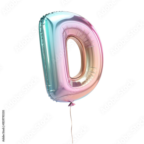 Celebratory colorful foil balloon letter D. fun 3d alphabet character with iridescent gradient perfect for party or event decoration