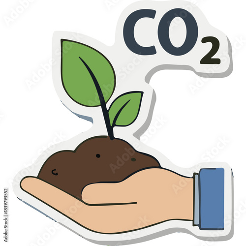 Human Hand Gently Holding Soil With A Sprouting Plant and CO2 Text Symbolizing Environmental Care and Carbon Footprint Reduction