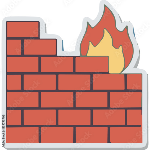 Illustration of a Brick Wall on Fire With Flames Burning Through a Hole In The Wall In A Simple Flat Style With A White Border And Shadow Effect