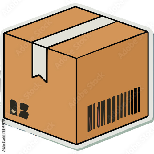 Illustration of a brown cardboard shipping box with a white tape closure and a black barcode on the side isolated on a white background with a subtle shadow beneath it
