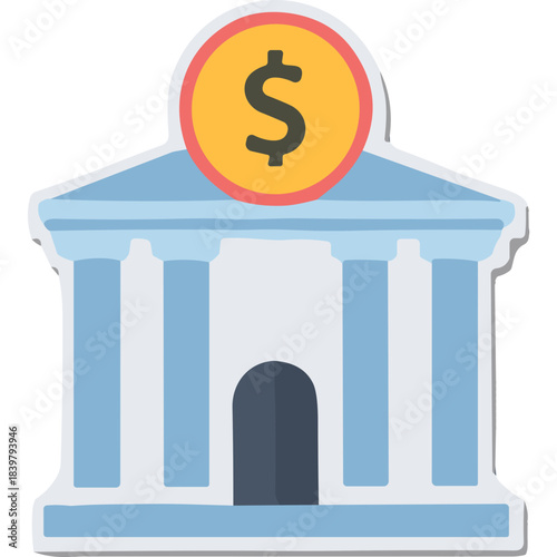 Illustration of a light blue neoclassical bank building with a gold coin featuring a dollar sign on its roof under a red circular border against a white background