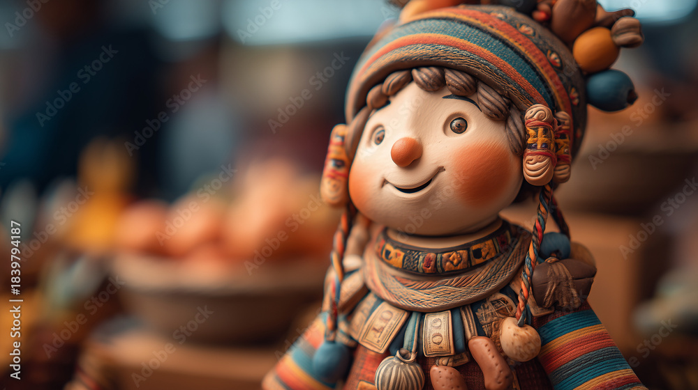 Naklejka premium A charming, handcrafted ceramic figurine embodying the vibrant spirit and cultural traditions of the Alasitas Festival in Bolivia, a popular celebration of miniature wishes and prosperity