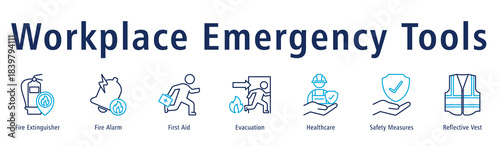 Workplace Emergency Tools banner showing Fire Extinguisher, Fire Alarm, First Aid, Evacuation, Healthcare, Measures, and Vest.