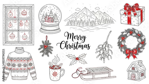 Elegant Christmas-themed line art collection featuring sweaters, wreaths, snow globe, gifts, winter decor, and cozy holiday elements with festive details.