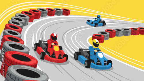 Three go-kart racers navigating a sharp curve on a bright track surrounded by red and gray tire barriers, shown in bold colors and smooth dynamic vector motion.