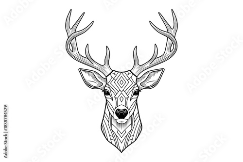 Stylized deer head with geometric patterns, black and white, isolated on