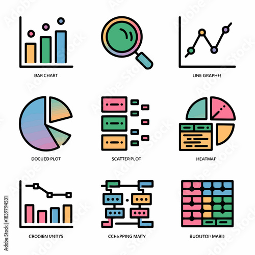 Collection of various data visualization charts and graphs including bar charts, line graphs, pie charts, scatter plots, heatmaps, and more