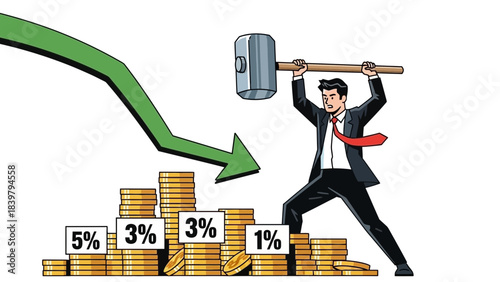 Businessman smashing falling interest rate numbers atop coin stacks as a bold metaphor for fighting financial decline in a dynamic, expressive economic illustration.