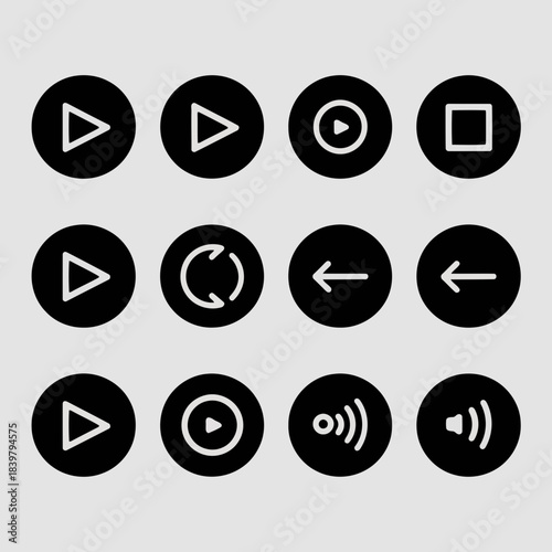 Set of twelve black and white media control icons including play, pause, stop, rewind, and volume buttons