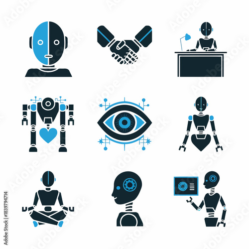 Set of nine icons representing robots, artificial intelligence, and technology concepts in a modern flat design style