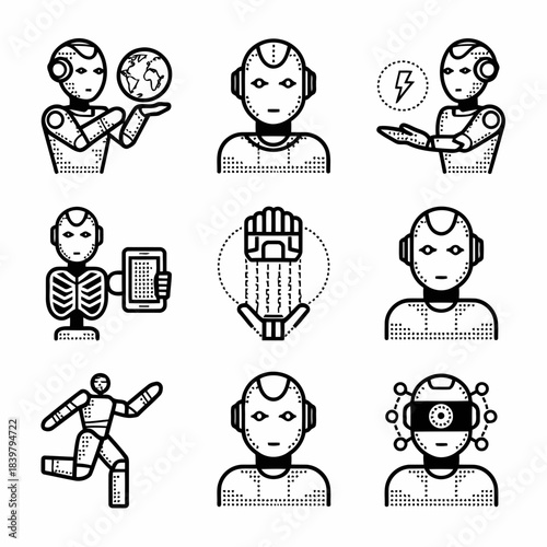 Set of nine robots with different expressions and activities, isolated on