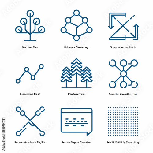 Collection of various machine learning algorithms and models represented by icons