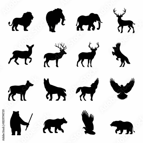 Black silhouettes of various animals including lions, deer, bears, wolves, and birds isolated on