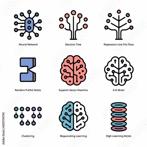 Collection of nine different machine learning algorithms represented by icons on a