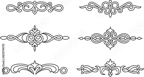 Six black ornamental dividers with swirls and floral elements