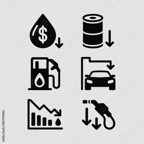 Oil Price Drop & Fuel Cost Reduction Icon Set