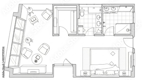 High-quality black line art of a loft luxury bedroom floor plan with bed, lounge chairs, and small reading corner, upscale interior layout design