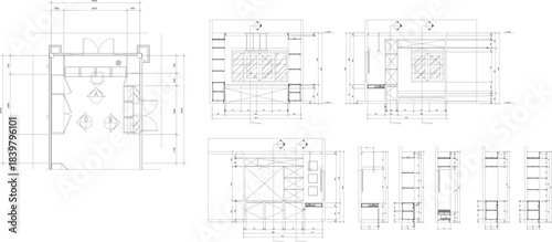 Interior Construction Drawings for Window-Facing Work Desk Area, Lounge Table, and Built-in Display Cabinet with Complete Plans, Elevations, and Sections