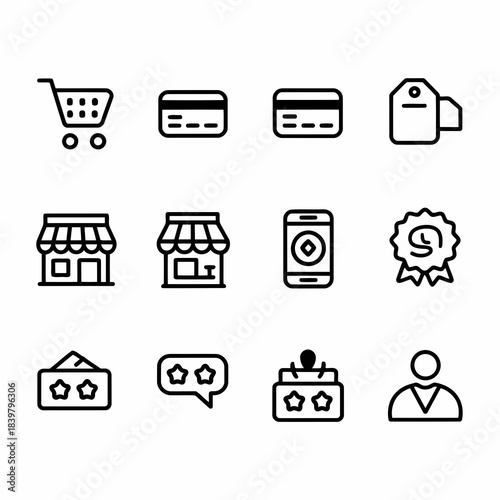Set of icons representing shopping, payment, business, and customer service concepts
