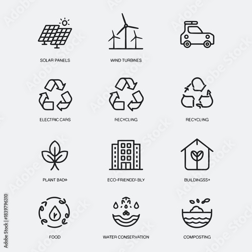 Set of icons representing renewable energy, recycling, and ecofriendly practices